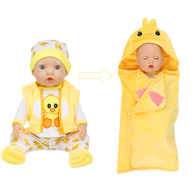UNICORN ELEMENT 8 Pcs Baby Doll Colthes Outfit Accessories Yellow Duck Set Fit 16-18 Inch Reborn Dolls, New Born Doll Clothing Set Including Waistcoat, Blanket, Hat, Sock, Pacifier, Bottle - Image 4